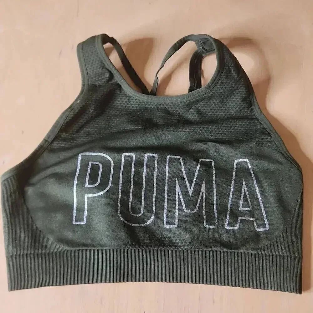 Puma olive green high neck sports bra size L